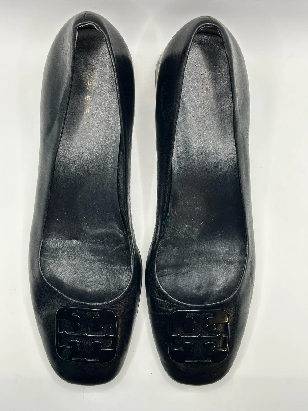 Tory Burch Black Leather Square-Toe Flats with Black Logo Medallion